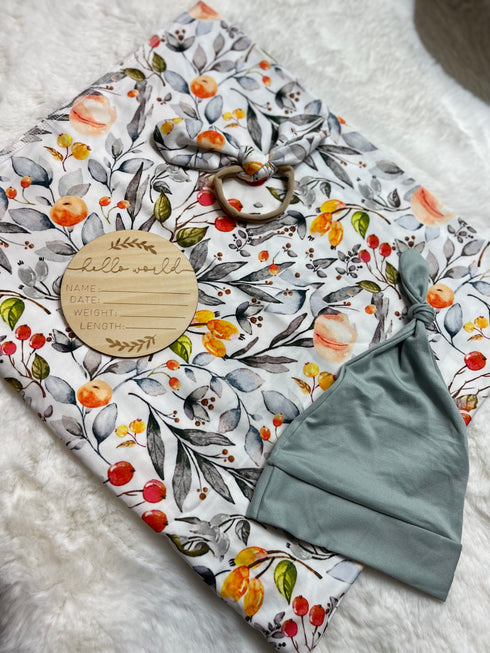 Bowtism Boho Swaddle Set with Wooden Birth Plate, Hat & Headband - Bowtism